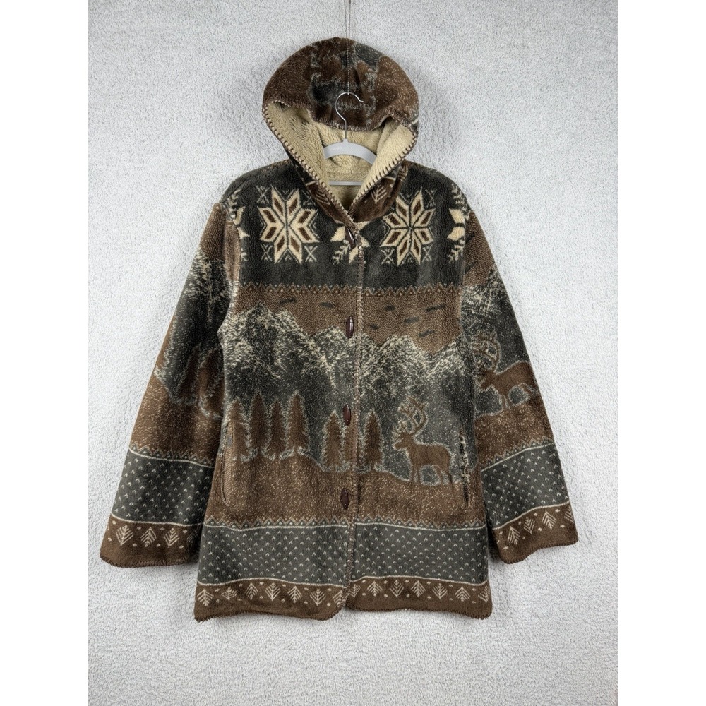 Alpine Studio Womens Size M Hooded Fleece Coat Deer Mountain Nordic Aztec Brown